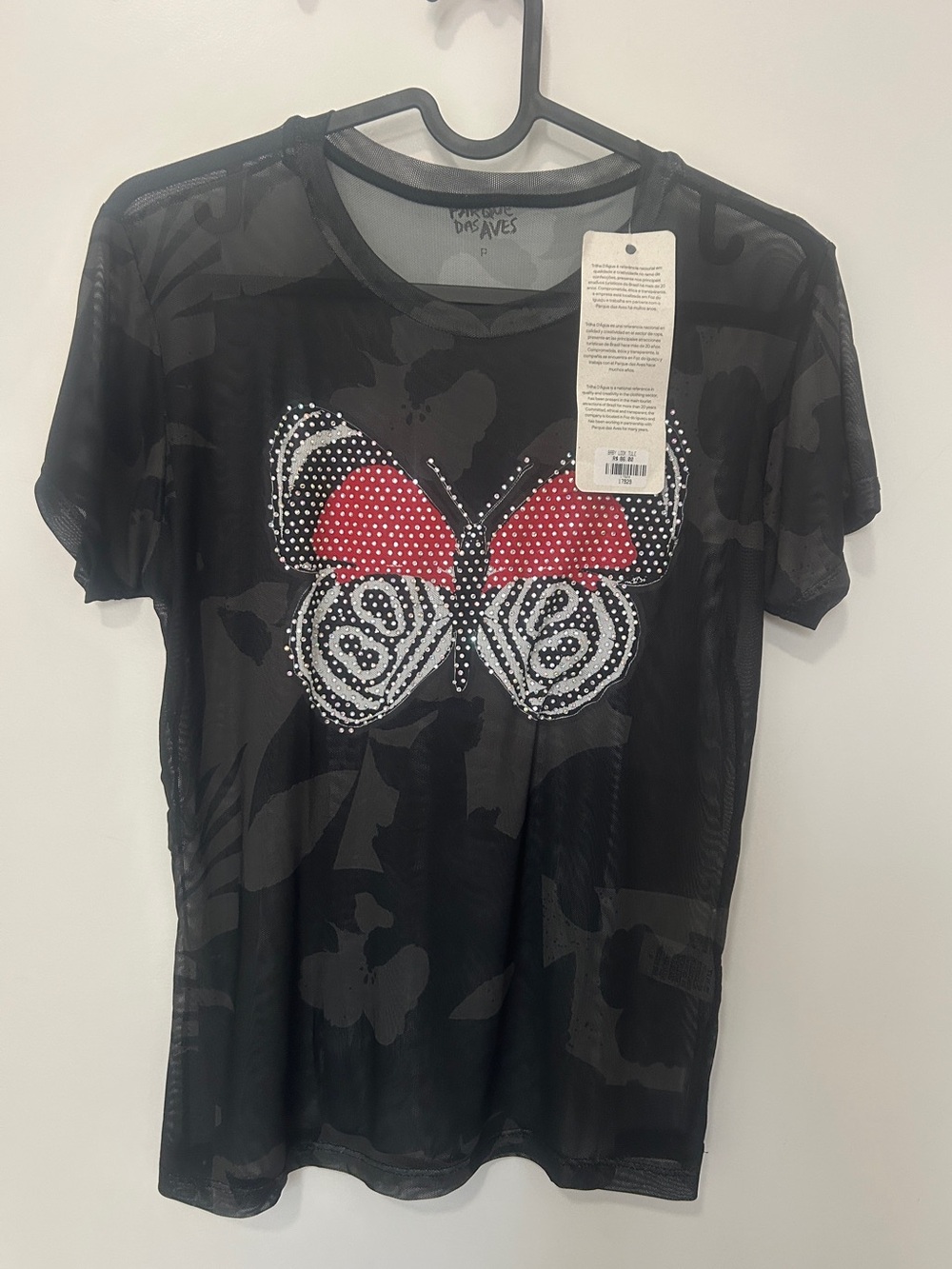 NWT Sheer Black Floral Mesh Butterfly Rhinestone Tee Top Y2K Grunge Fairy / S
